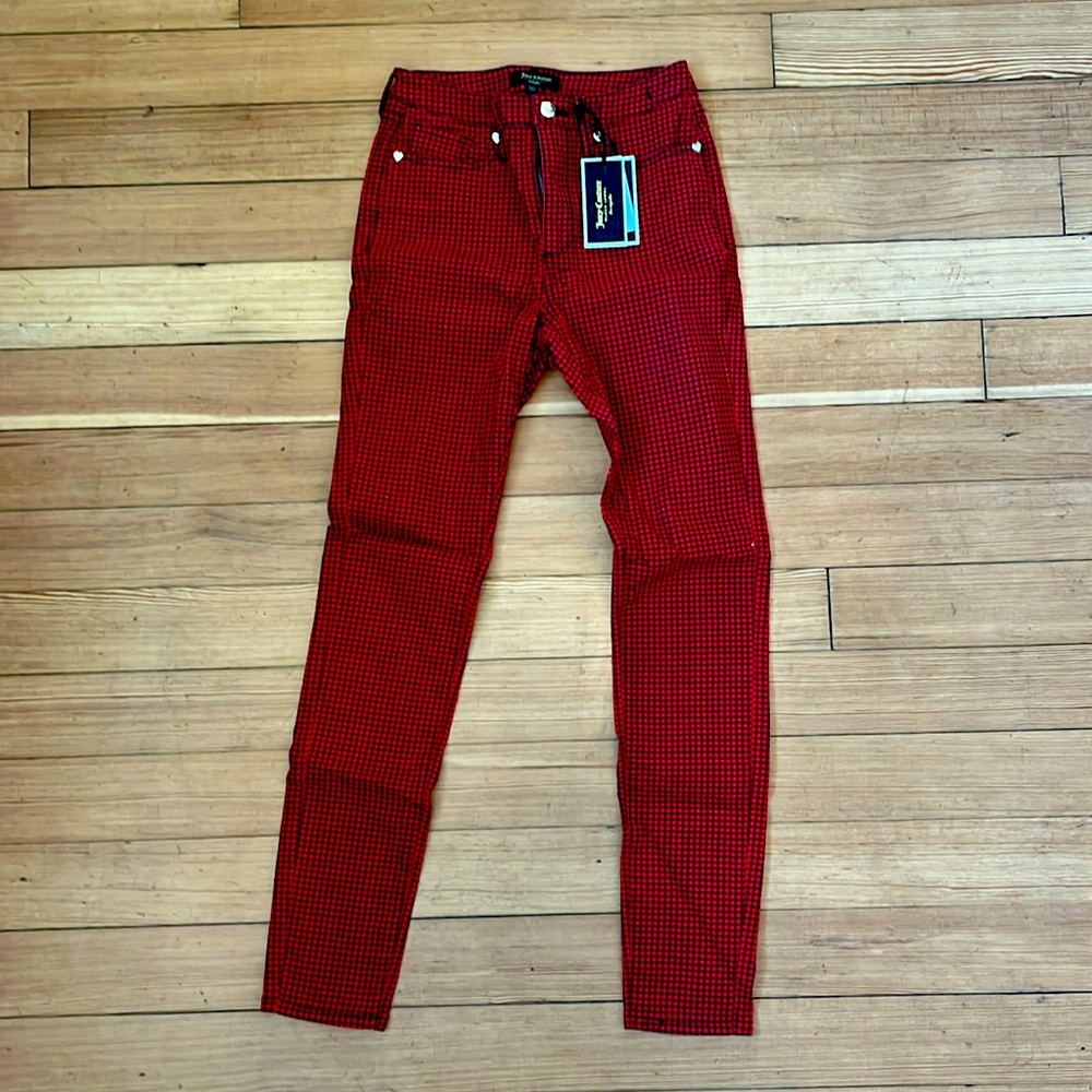 Juicy Couture red/black herringbone skinny jeans very “Oi!”/Tank Girl size 24